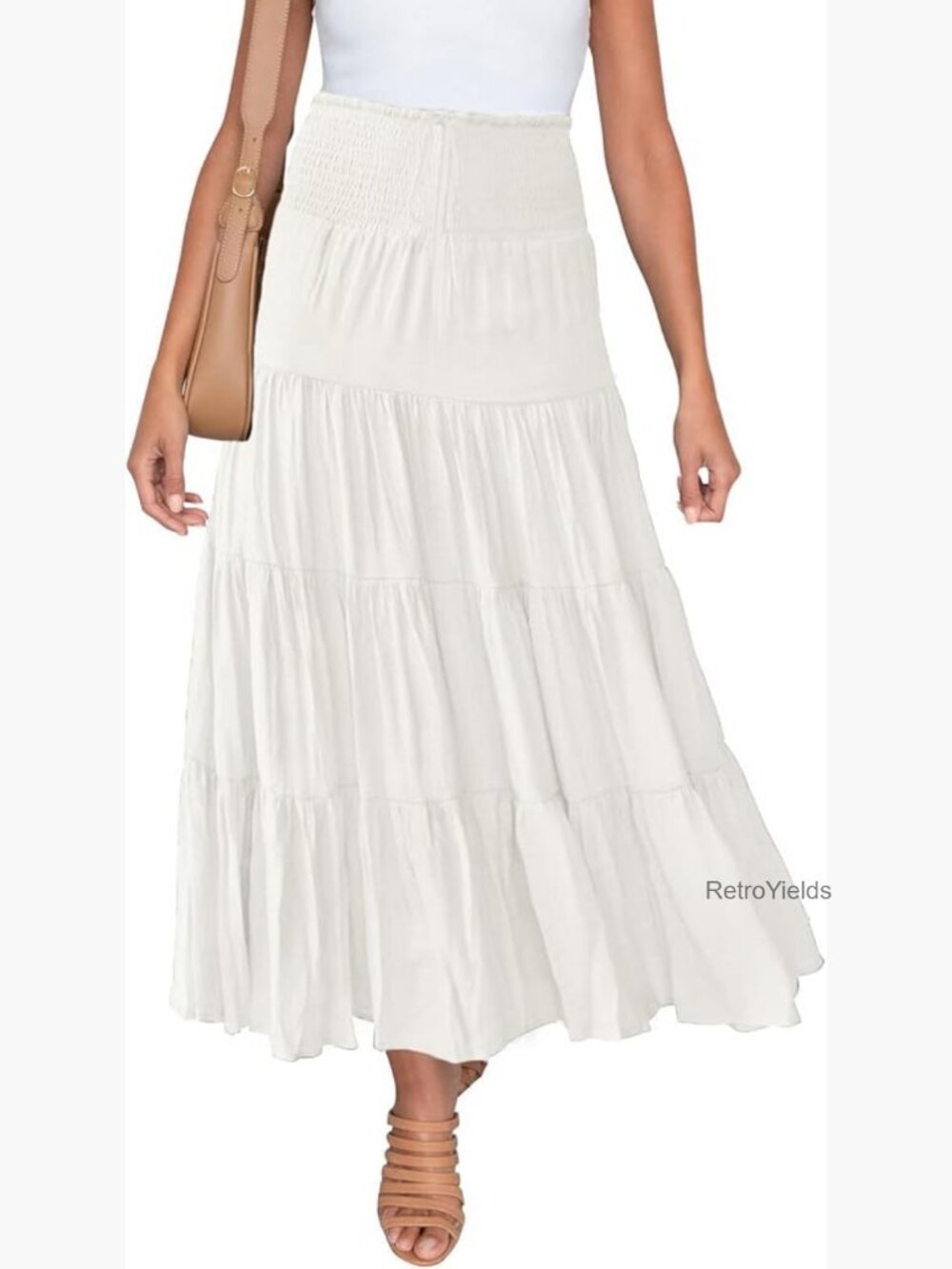 Flowy Boho Maxi Skirt with Elastic Waist Pleated A Line Beach Long Skirt